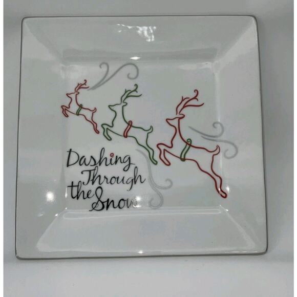 St. Nicholas Sq Christmas Reindeer 10" Serving Plate Dashing Through the Snow - Picture 1 of 5